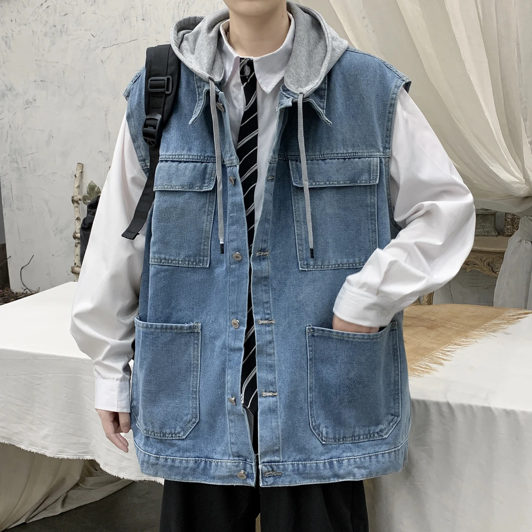 春秋季牛仔夹克外套无袖潮牌衣服男背心马甲上衣坎肩工装外衣褂子