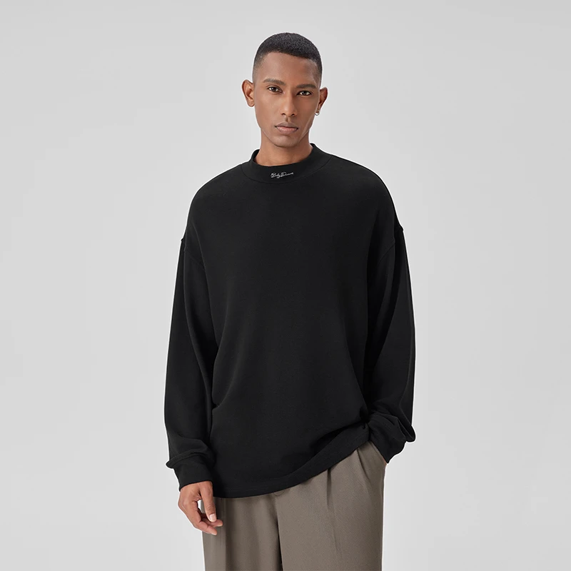 BODYDREAM男士长袖T恤秋冬季绒感刺绣经典中领休闲百搭潮牌打底衫