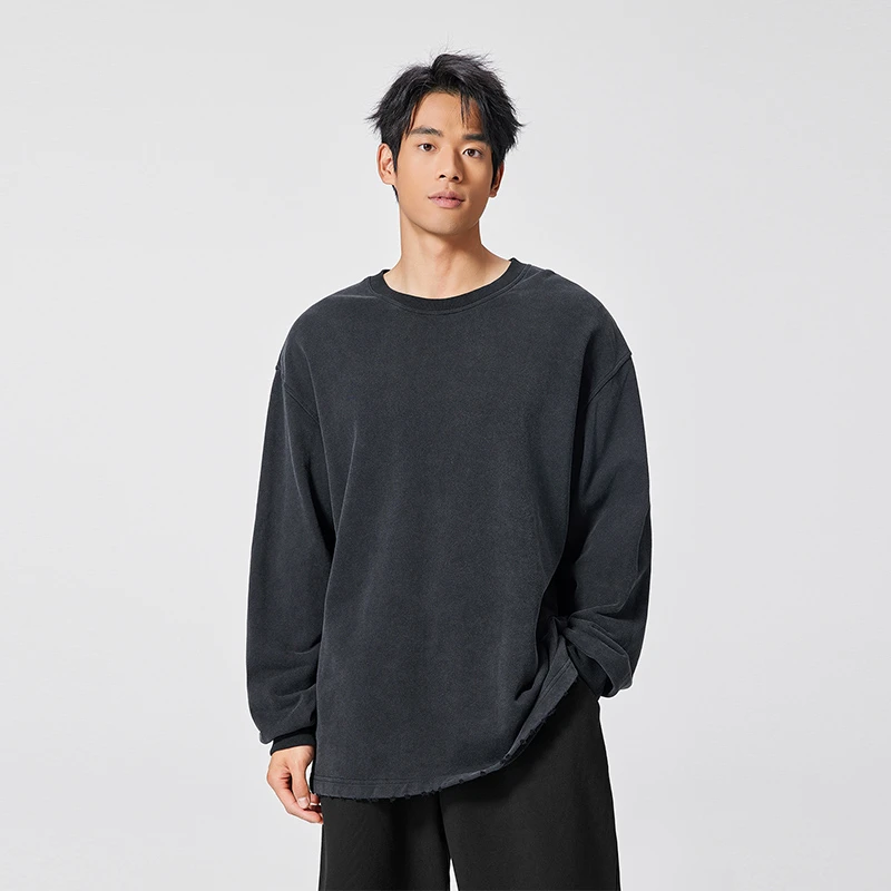 BODYDREAM男士重磅长袖t恤复古磨破宽松上衣百搭休闲纯色打底衫潮