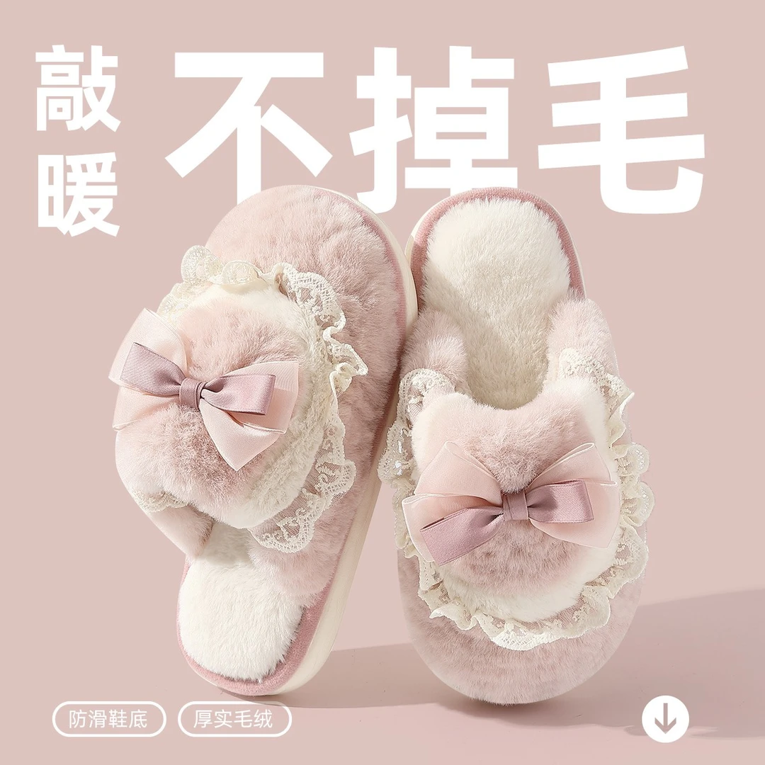 猫力踩屎感蝴蝶结棉拖鞋女士秋冬季居家2025新款保暖厚底毛毛拖鞋