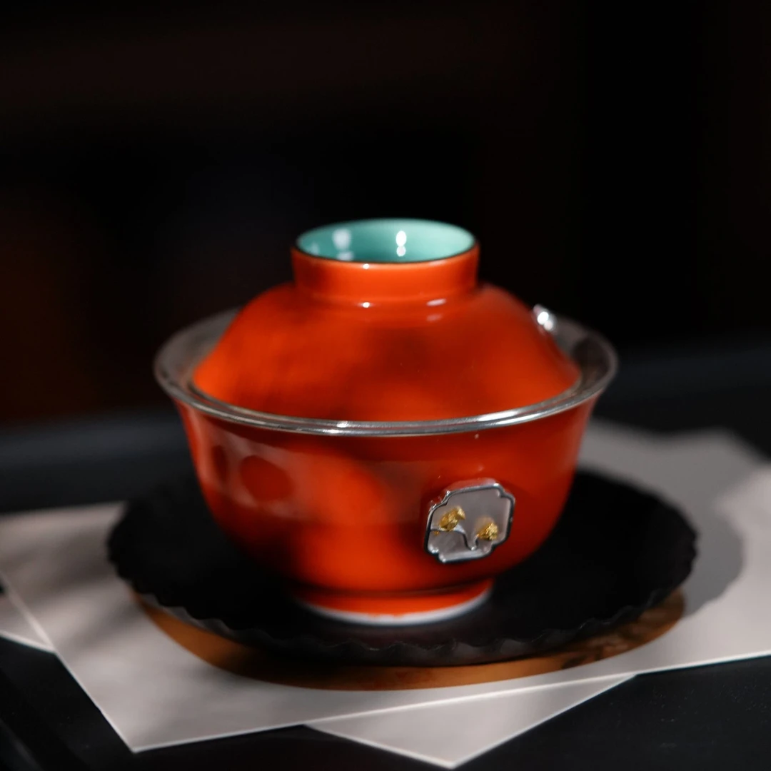 故宫红元宝镶嵌盖碗复古陶瓷纯手工中式礼盒装茶盖碗高档防烫