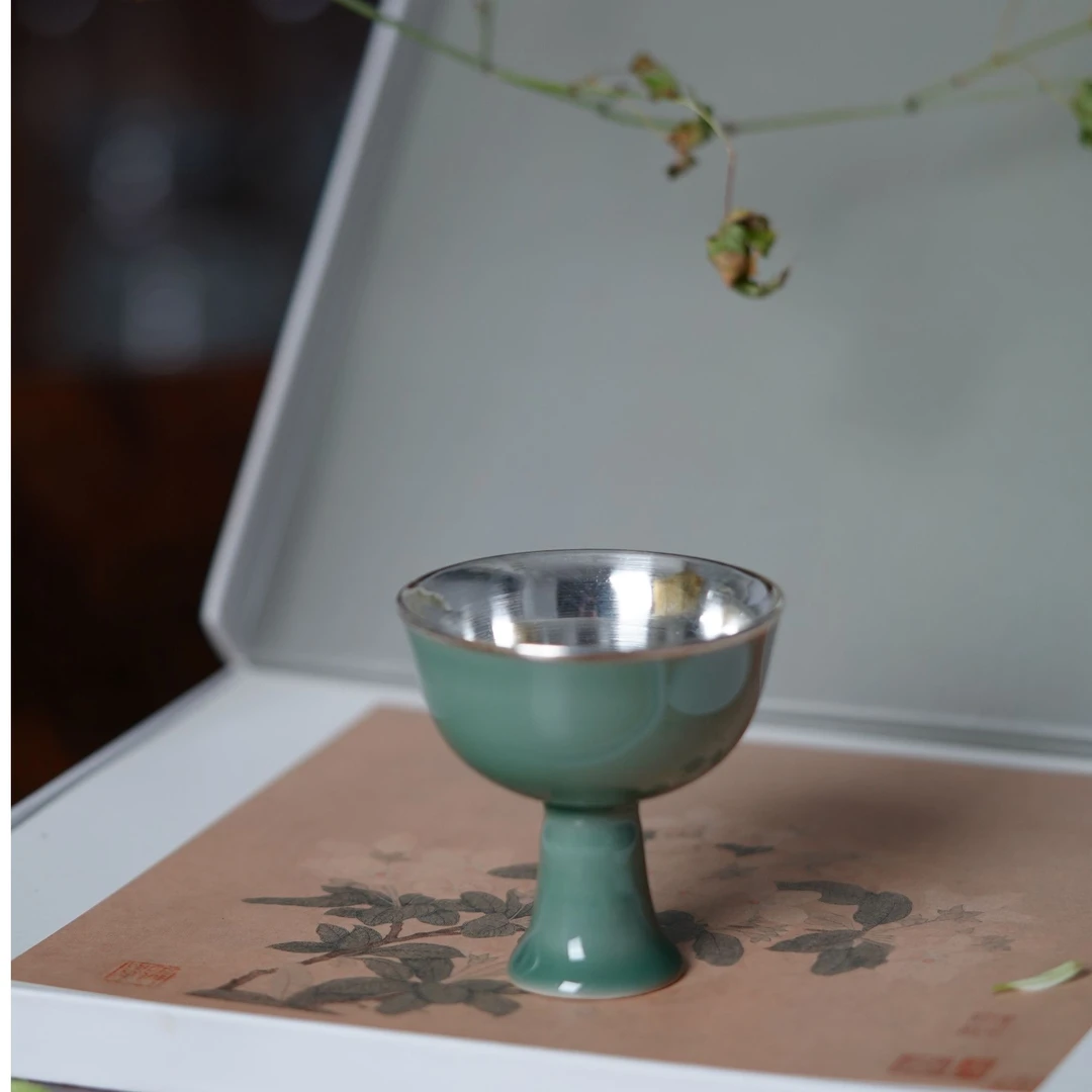 青瓷高足银杯复古家用陶瓷纯手工主人杯瓷包银创意中式高档