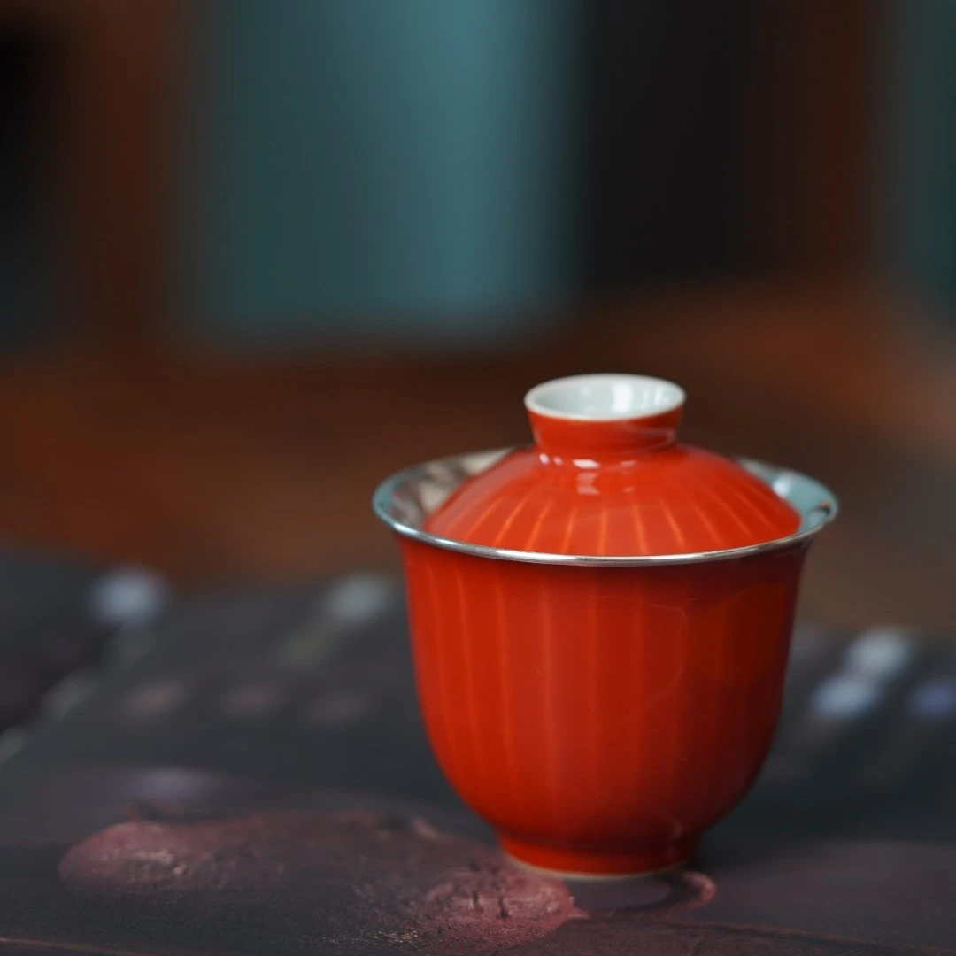 矾红棱条盖碗瓷包银茶碗手工色釉茶具复古纯手工瓷盖碗中式防烫