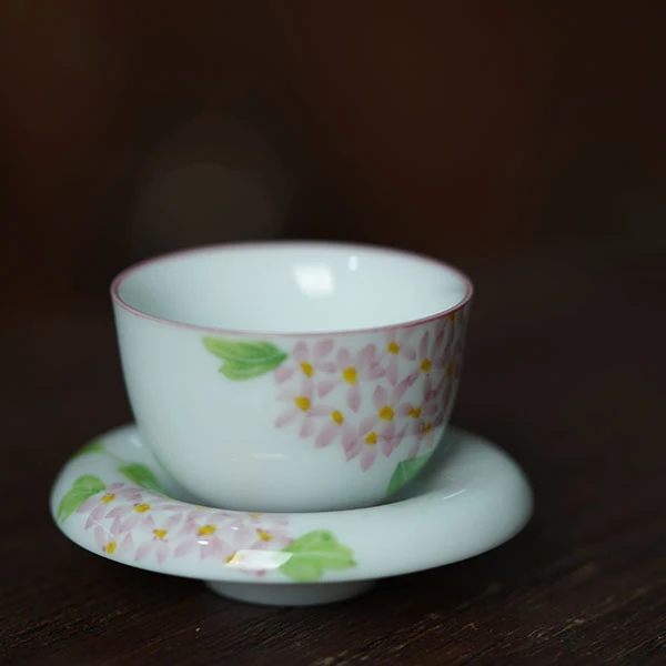 拓土纯手绘丁香紫绣球花茶杯杯垫套装品茗杯白瓷主人杯家用创意