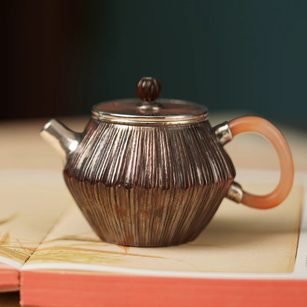 铜包银雪痕棱条小银壶纯手工泡壶筋纹复古茶壶茶具泡茶壶小容量