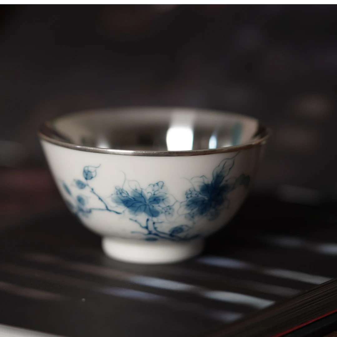 萍踪雅歌书杯主人杯复古家用纯手工青花斗笠杯白瓷999足银瓷包银