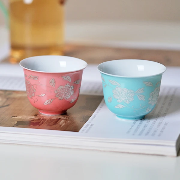 牡丹花描银品茗杯瓷杯茶杯茶器茶具茶配件主人杯中式精美当代对杯