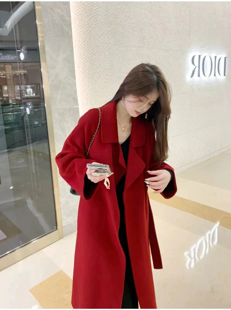 红色新年战袍双面呢大衣毛呢外套赫本风西装领气质宽松中长款秋冬