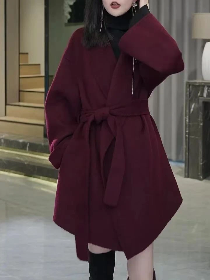 酒红色双面毛呢大衣女2024秋冬新款西装领系带高端气质中长款外套