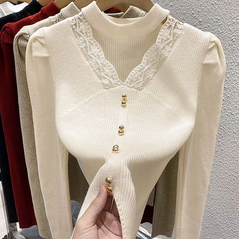 上班族通勤风女装高级感蕾丝挂脖V领长袖针织衫女百搭毛衣上衣