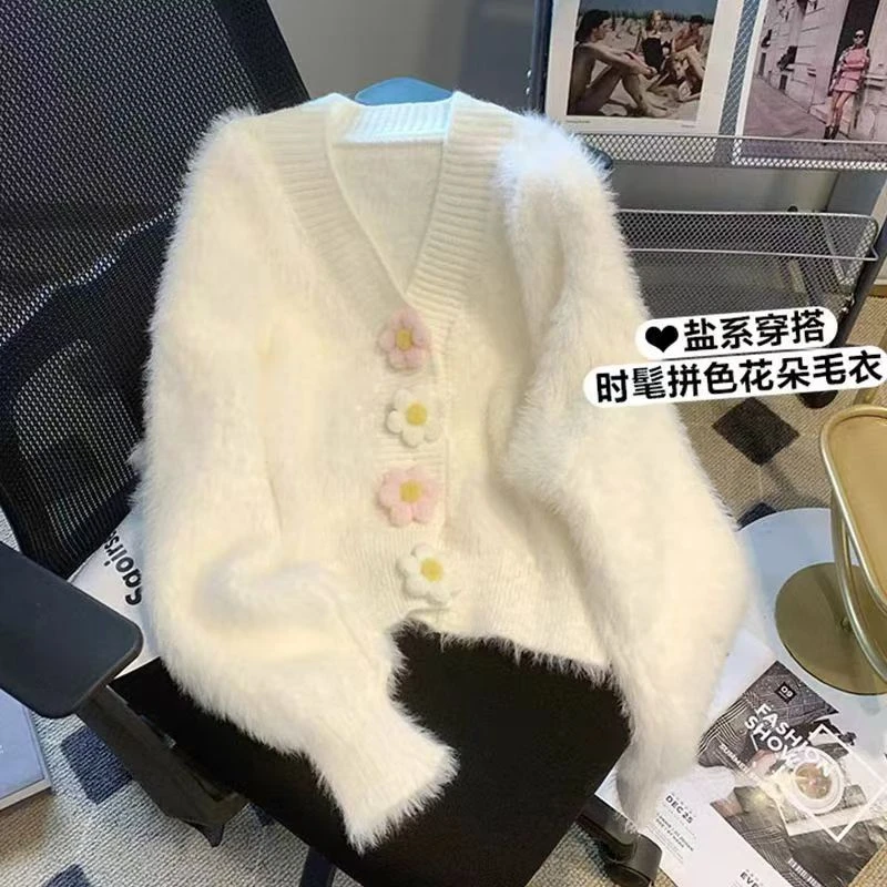 仿水貂绒毛衣开衫柔软舒适小花朵