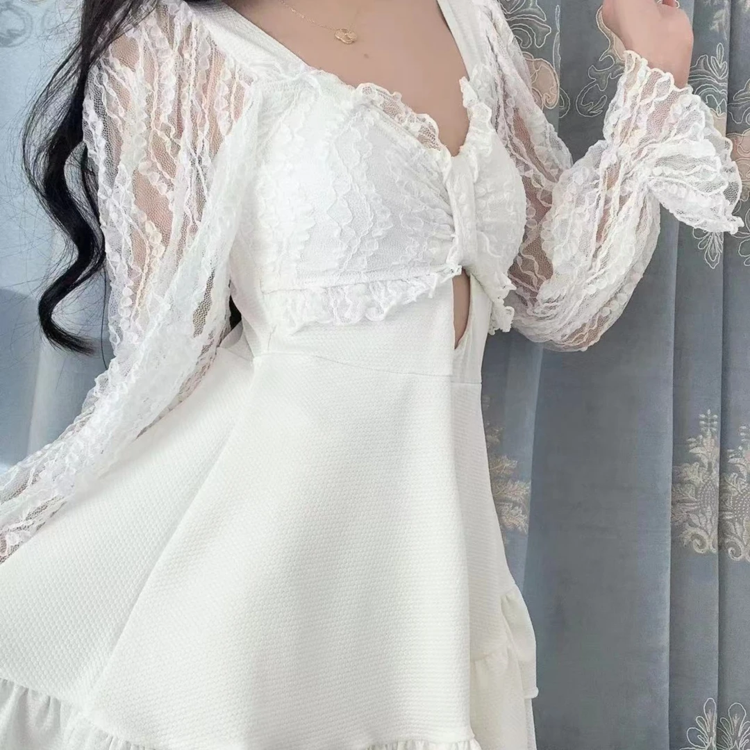 hainisha/海妮莎遮肉显瘦蕾丝连体法式纯欲裙式泳衣