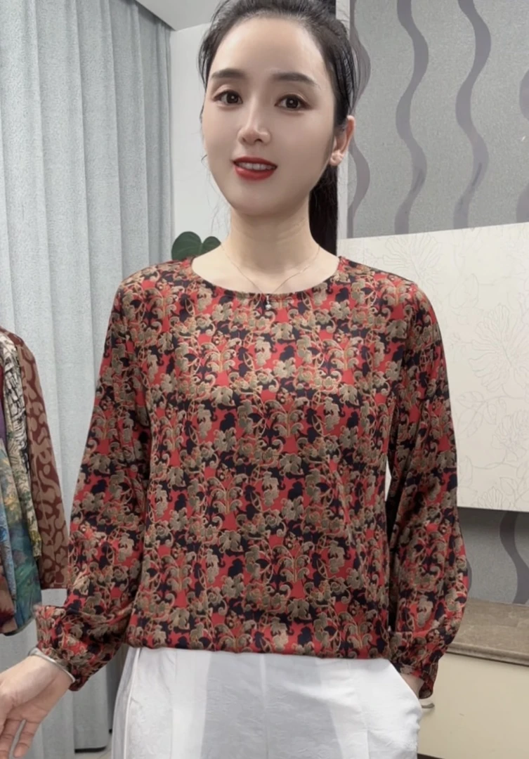 【凤尾花】2024秋季新款圆领时气质中老年女装休闲百搭长袖上衣