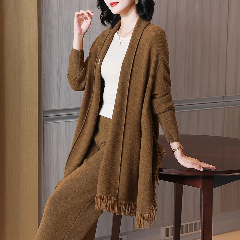 100%羊毛针织外套女秋冬新款高级大码妈妈毛衣披肩中长款洋气上衣