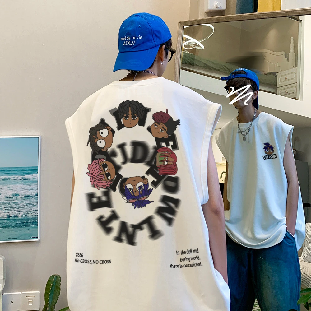 labzaa高街趣味卡通印花运动背心男夏季新款潮牌百搭宽松无袖上衣