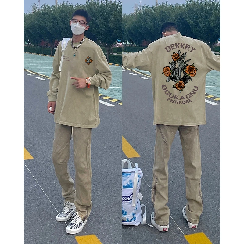 labzaa设计感创意花卉字母印花长袖纯棉t恤男oversize早秋季上衣