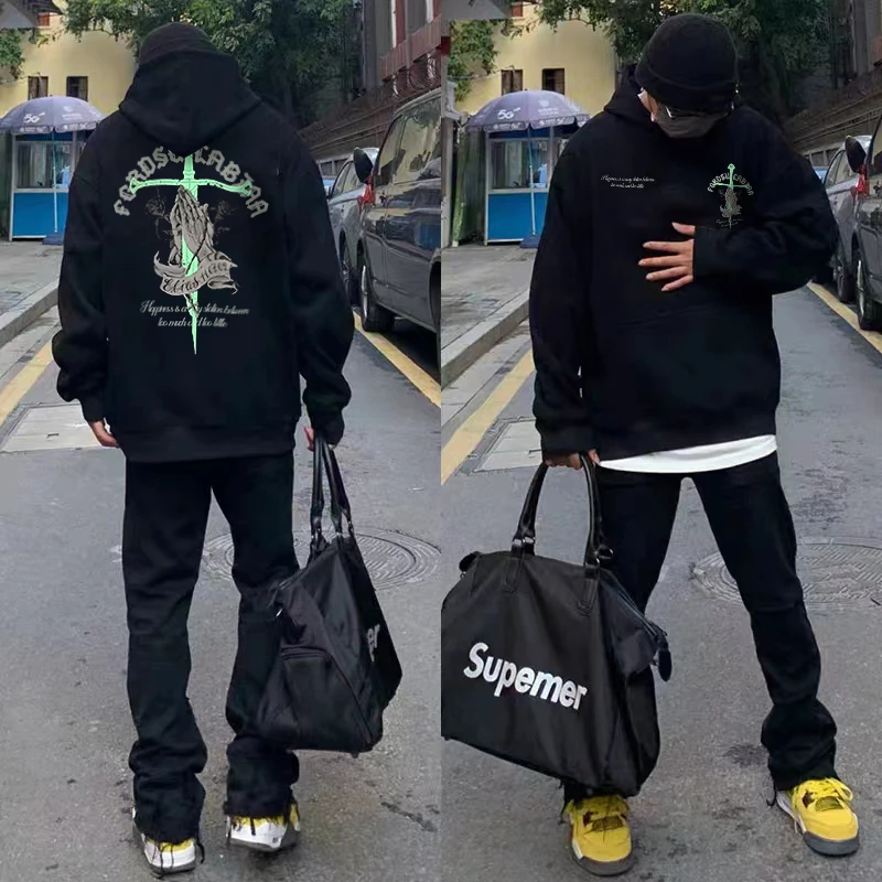 labzaa头暗黑天使印花连帽卫衣男秋冬设计感小众oversize宽松上衣
