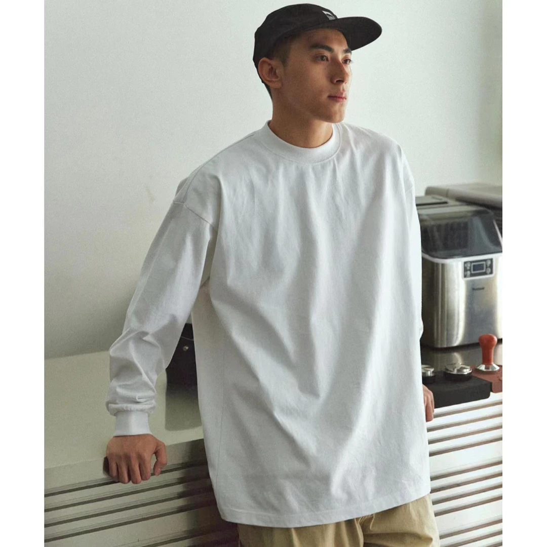 labzaa磅长袖打底衫纯棉T恤男秋季美式圆领内搭宽松纯色休闲上衣