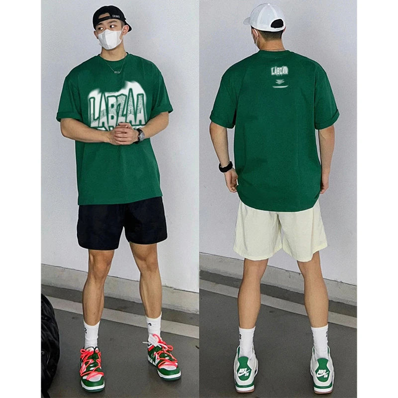 labzaa重磅短袖T恤男款夏季潮牌设计感墨绿色棉上衣服宽松半袖tee