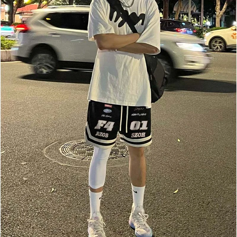 labzaa美式潮牌字母印花篮球运动裤男夏季休闲风百搭抽绳五分短裤