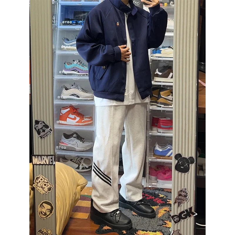 labzaa美式简约纯色三条斜杠抽绳运动裤男秋季百搭宽松直筒长裤子