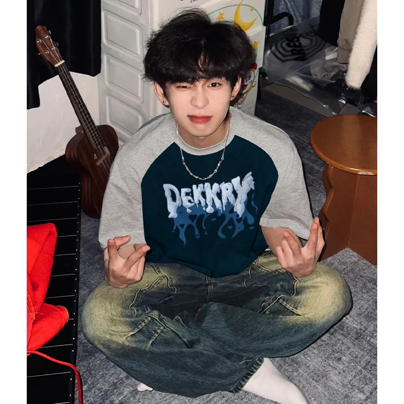 hiphop美式嘻哈字母印花短袖T恤男夏季潮牌宽松纯棉拼接撞色上衣