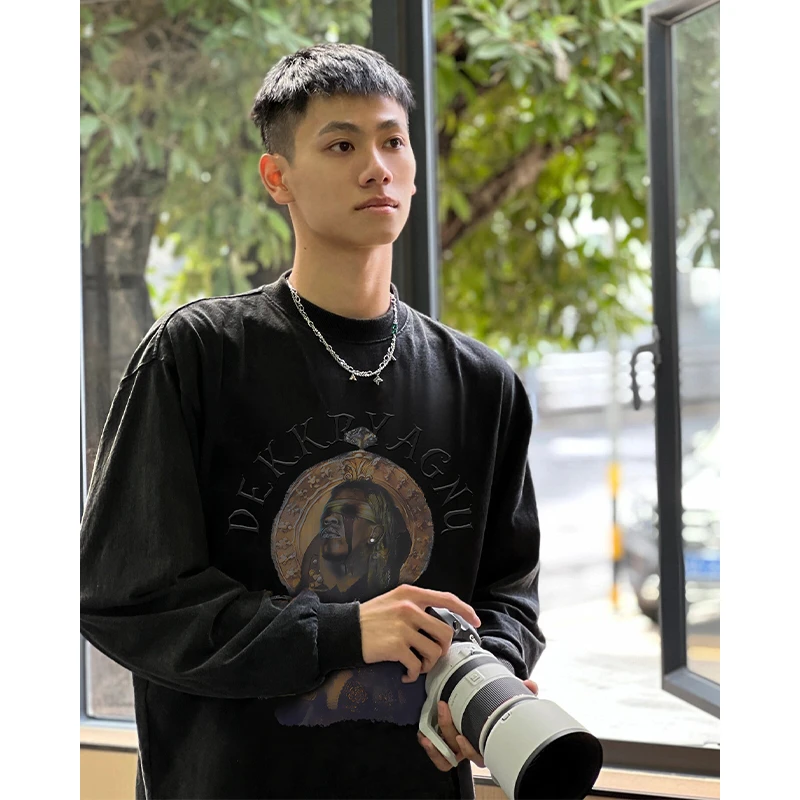 labzaaintage复古暗黑人物印花重磅纯棉长袖t恤男ins潮牌宽松上衣