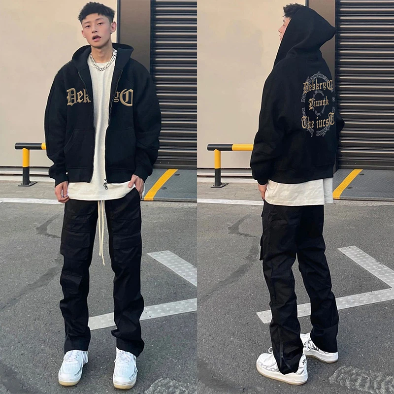 labzaa意圆圈字母印花开衫外套男秋冬季vibe潮牌宽松休闲连帽卫衣