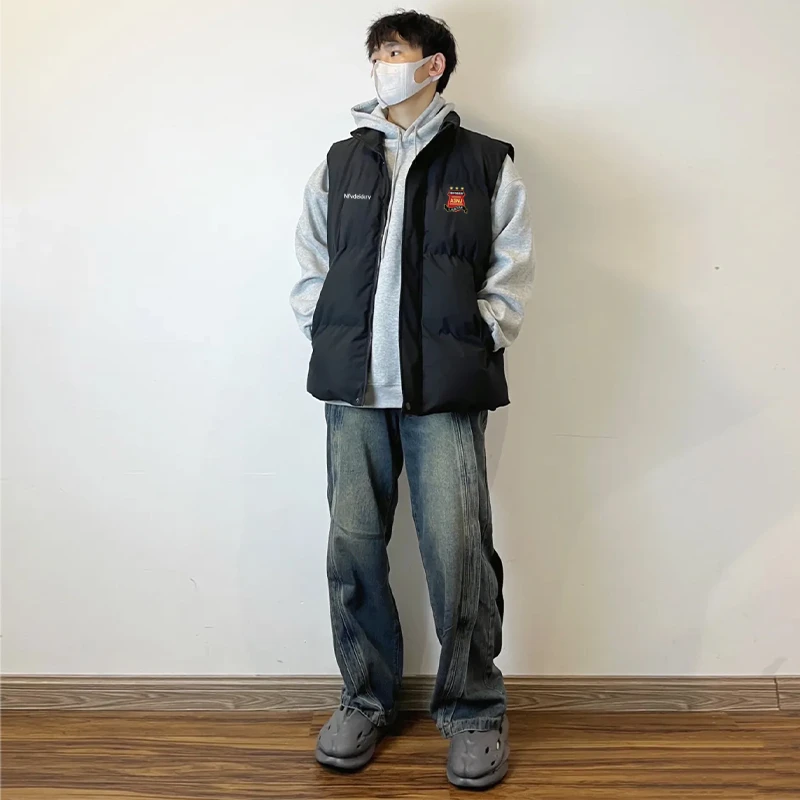 labzaa美式简约风徽章字母立领马甲外套男秋冬季宽松加厚款面包服