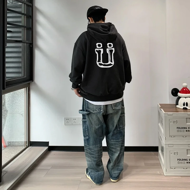 labzaa美式简约字母印花连帽卫衣男秋冬加绒加厚宽松休闲潮牌帽衫