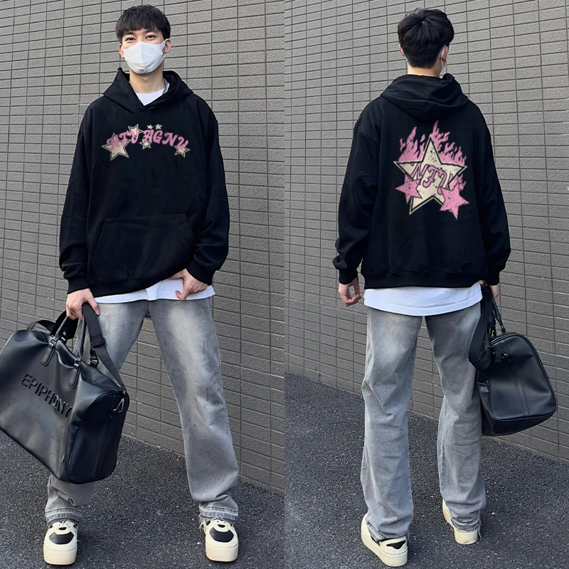 labzaa牌星星字母印花连帽卫衣男秋季街头风百搭宽松重磅套头上衣