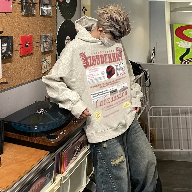labzaa美式潮流宽松无口袋连帽卫衣男秋冬季字母印花百搭休闲上衣