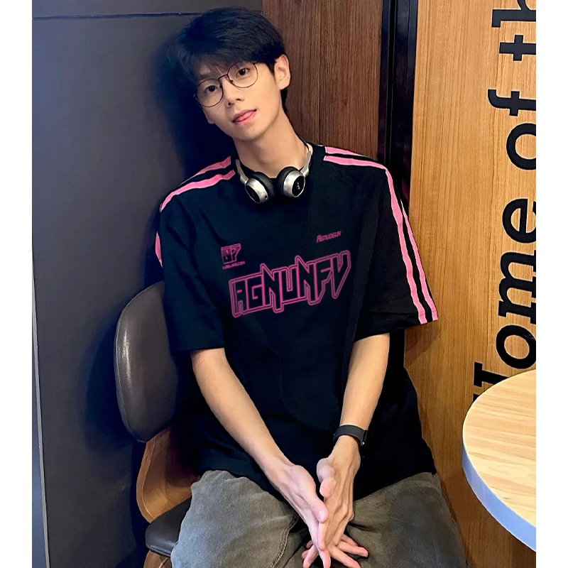 labzaains创意字母拉条短袖t恤男夏季休闲风重磅纯棉上衣夏季薄款