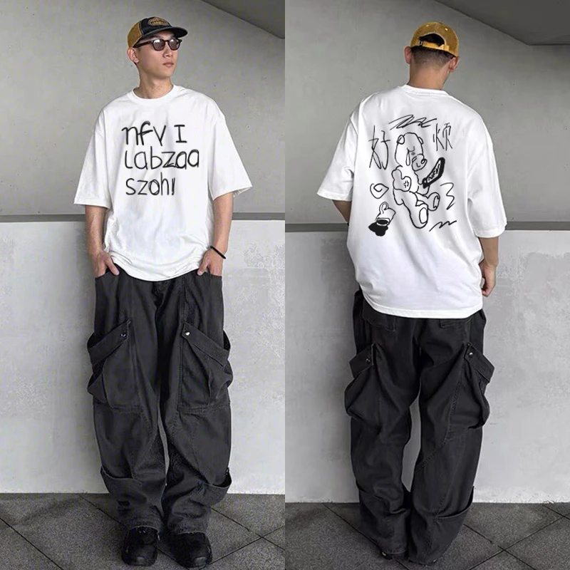 labzaa美式高街短袖T恤男夏季新款潮牌字母印花宽松潮流上衣ins