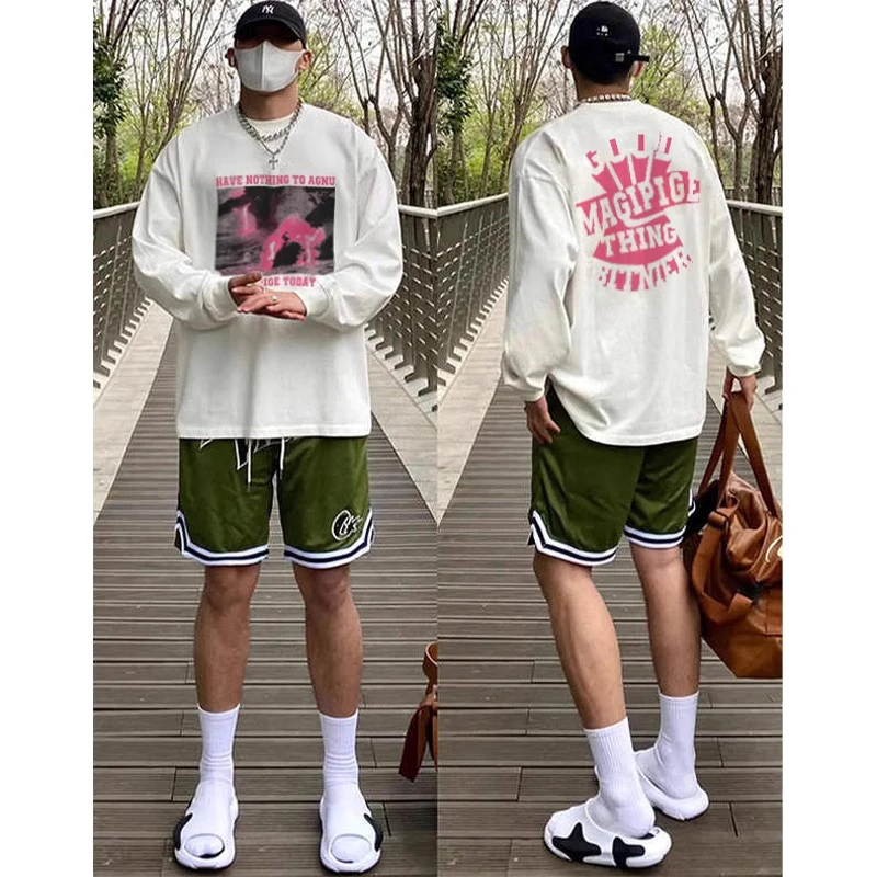 labzaa古设计感字母印花长袖t恤男秋季潮牌街头宽松纯棉打底上衣