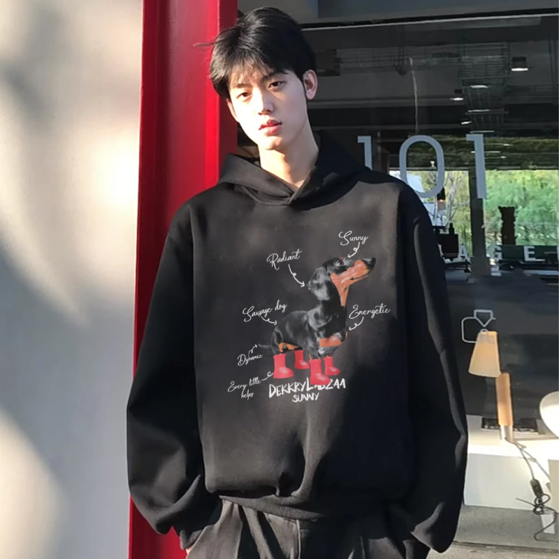 labzaa美式潮牌小狗印花休闲无口袋连帽卫衣男秋冬季宽松休闲上衣