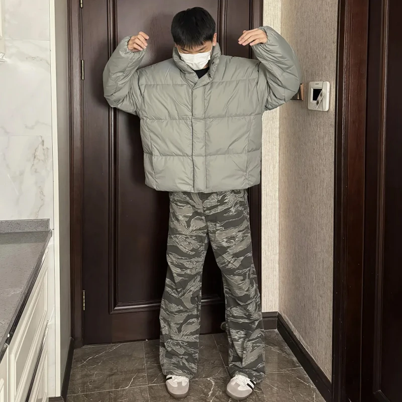 labzaa美式简约保暖立领灰绿色棉服男女冬季休闲个性宽松情侣外套