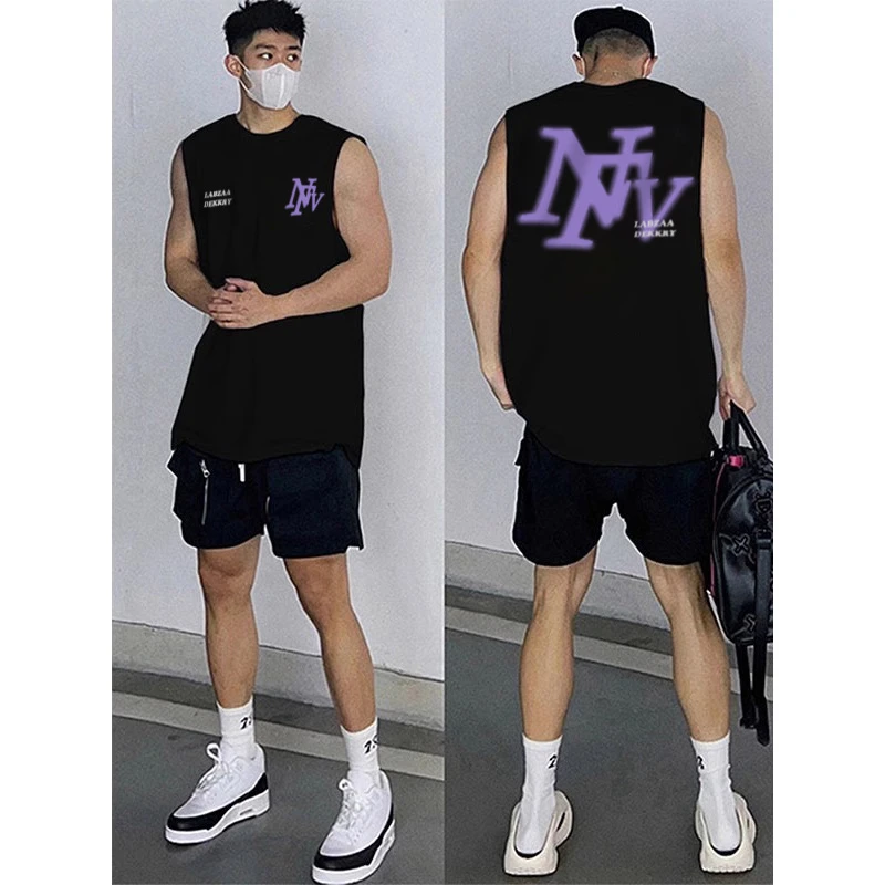 labzaa计感字母印花纯棉无袖背心男夏季潮牌宽松百搭运动坎肩上衣