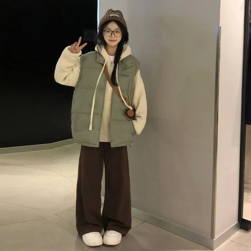 labzaa美式个性简约灰绿色立领马甲外套男女冬季宽松加厚款面包服