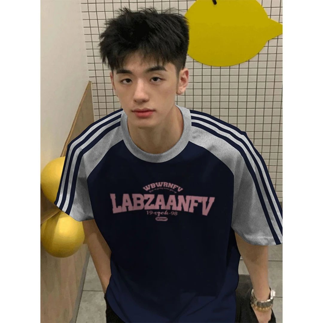 labzaa美式ins字母印花纯棉短袖T恤男潮流休闲三条杠藏青拼灰上衣