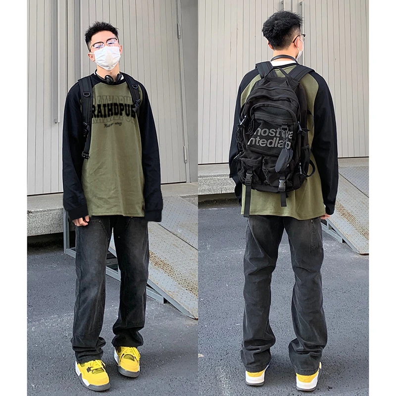 labzaa高街重磅纯棉百搭长袖t恤男款秋季美式宽松撞色插肩打底衫