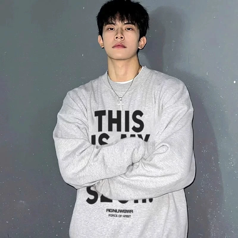 labzaa美式潮牌简约字母印花圆领卫衣男冬季百搭宽松情侣套头上衣