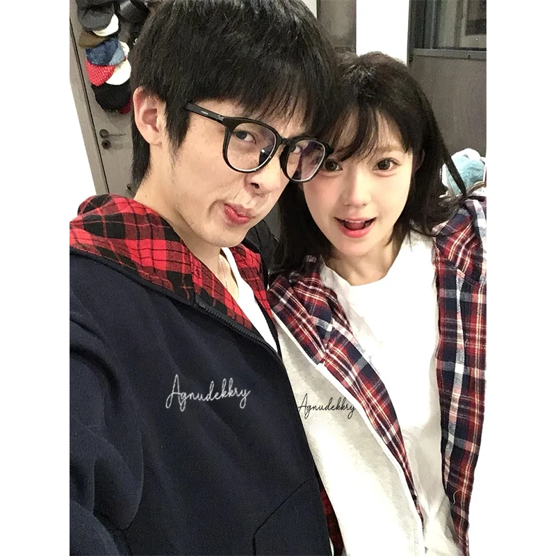 labzaa美式格子拼接开衫卫衣男秋冬宽松手绘字母印花连帽拉链外套