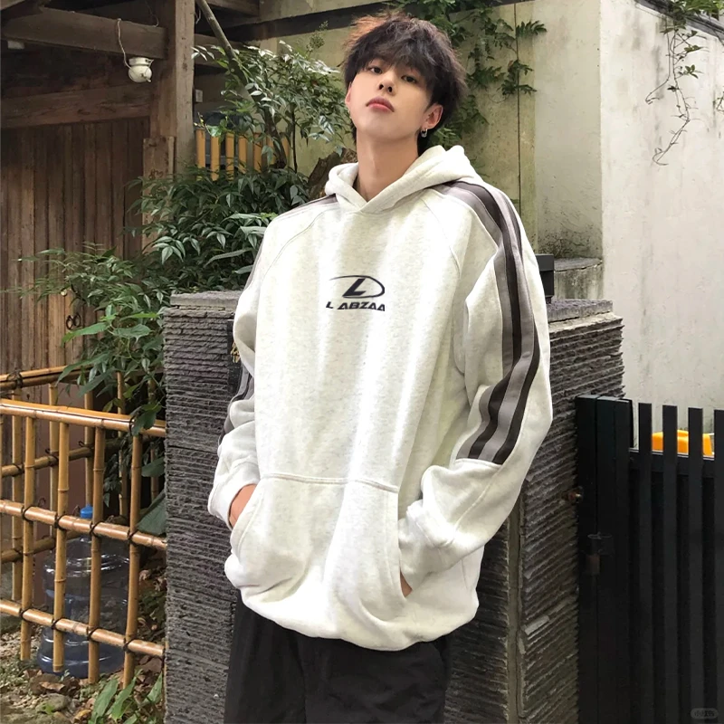 labzaa美式简约字母印花连帽衫卫衣男秋冬季休闲宽松拼接条纹上衣