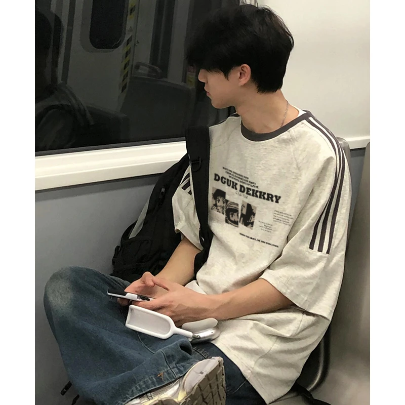 labzaa美式复古风动漫字母印花三条杠短袖男夏季休闲宽松纯棉上衣