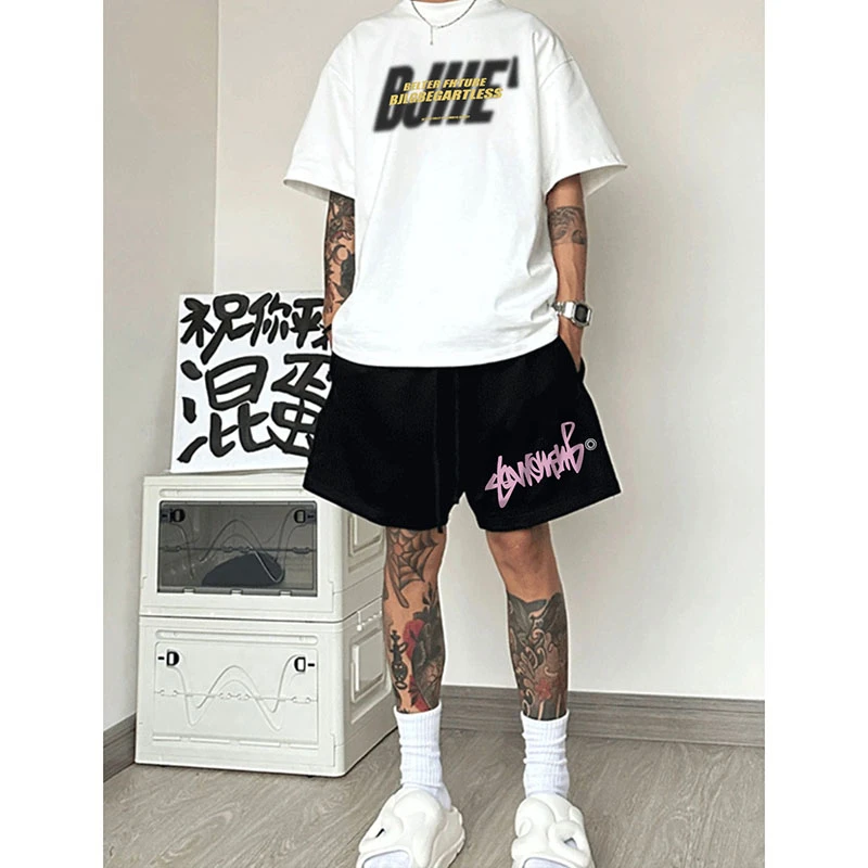 labzaa街字母印花抽绳五分裤男夏季潮牌宽松休闲百搭直筒运动短裤