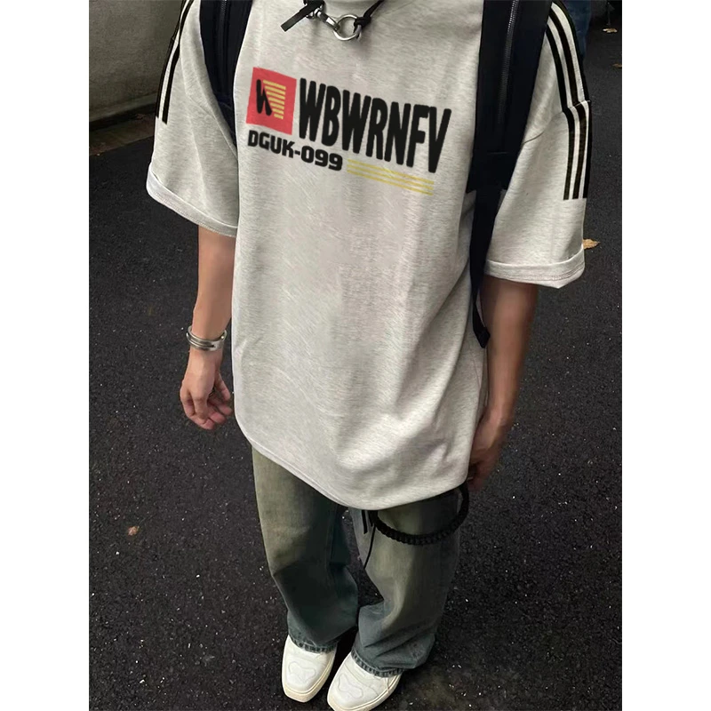 labzaa美式潮牌字母印花纯棉短袖t恤男夏季设计感三条杠宽松上衣