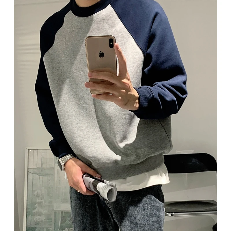 labzaa美式简约拼接撞色圆领卫衣男秋季潮牌百搭宽松纯色套头上衣