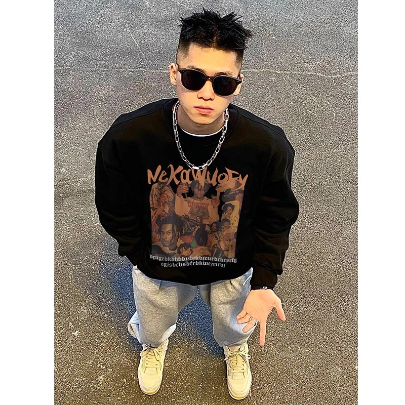 labzaa头嘻哈人物印花圆领卫衣男春秋季ins潮牌休闲百搭宽松上衣