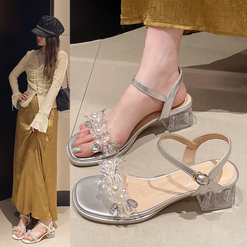 2024夏季新款粗跟水钻凉鞋女时尚百搭仙女风一字带透明水晶高跟鞋